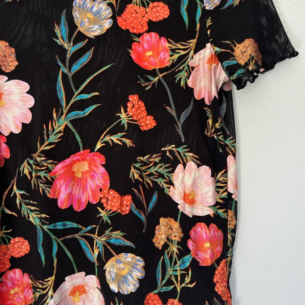 New & Next Metallic Floral Print Black Mesh Ruffle Sleeve Top Size L - Picture 5 of 5